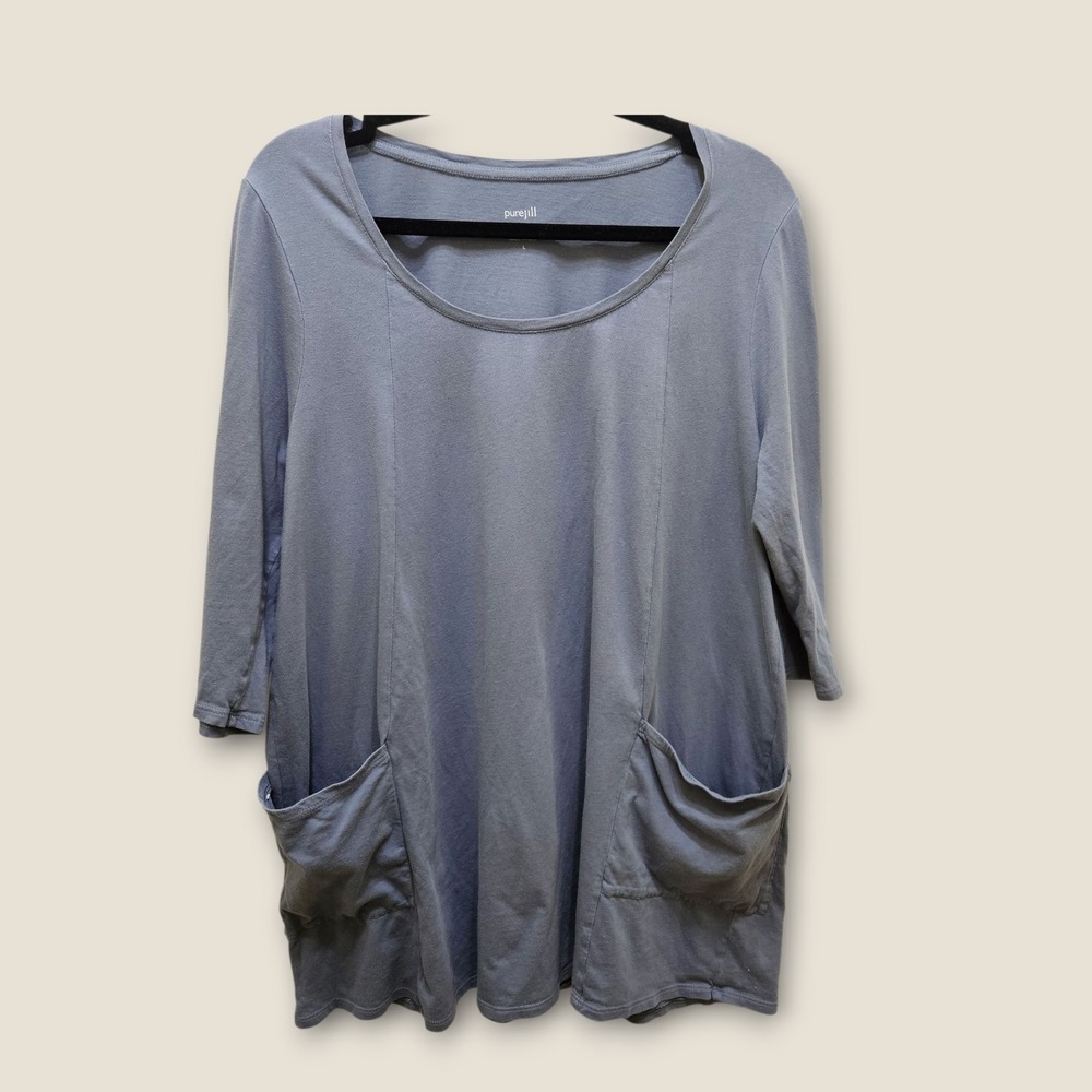 Pure Jill Women's L Knit Tunic Top Gray Blue 3/4 Sleeve Two Pocket Cotton Casual